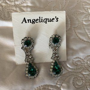 Vintage Green & Rhinestone pierced drop earrings